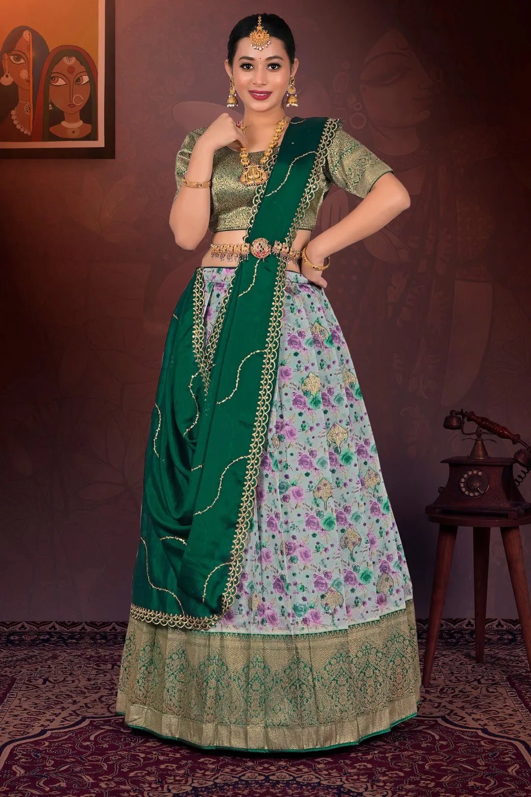 Gray Digital Print Lehenga Choli In Tissue Silk Fabric - Gajiwala