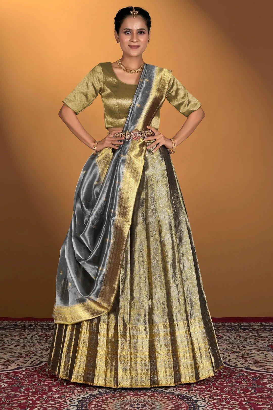 Gray Pure Two Tone Zari Tissue Lehenga Choli - Gajiwala