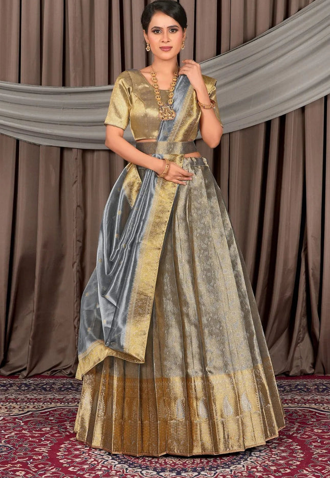 Gray Pure Two Tone Zari Tissue Pattu Half Saree For Women - Gajiwala
