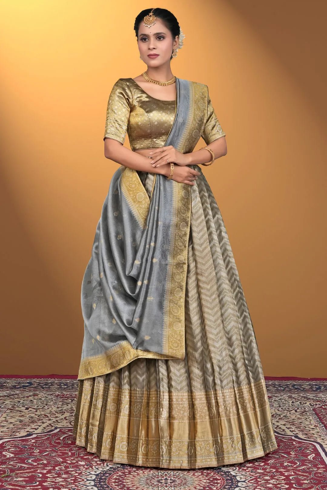 Gray Pure Two Zari Tissue Half Saree For Women - Gajiwala