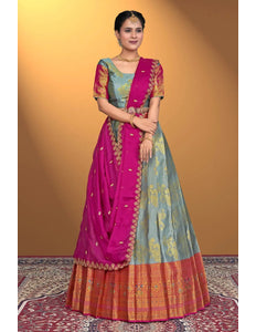 Gray Semi - Stitched Lehenga Choli In Banarasi Silk - Gajiwala