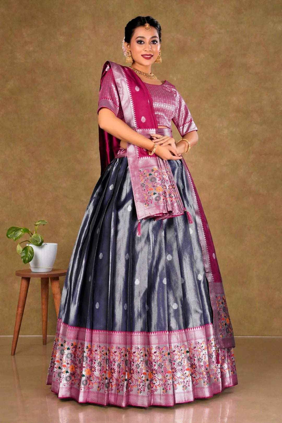 Gray Simar Chiffon Lehenga Choli with Banarasi Dupatta - Gajiwala