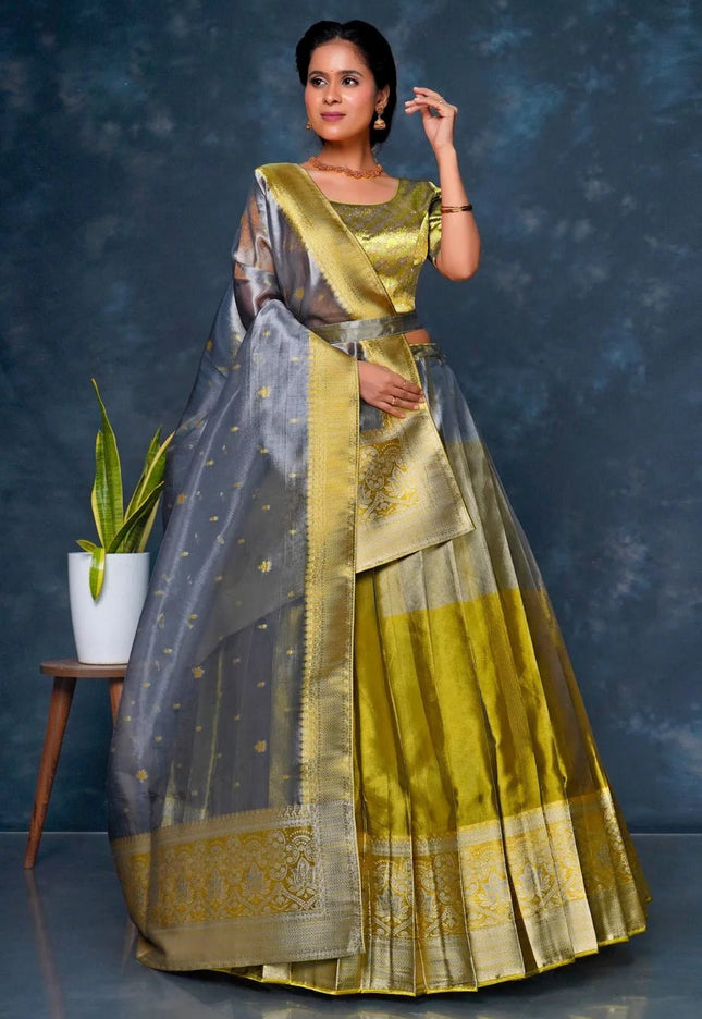Gray Tissue Silk Lehenga Choli With Zari Work - Gajiwala