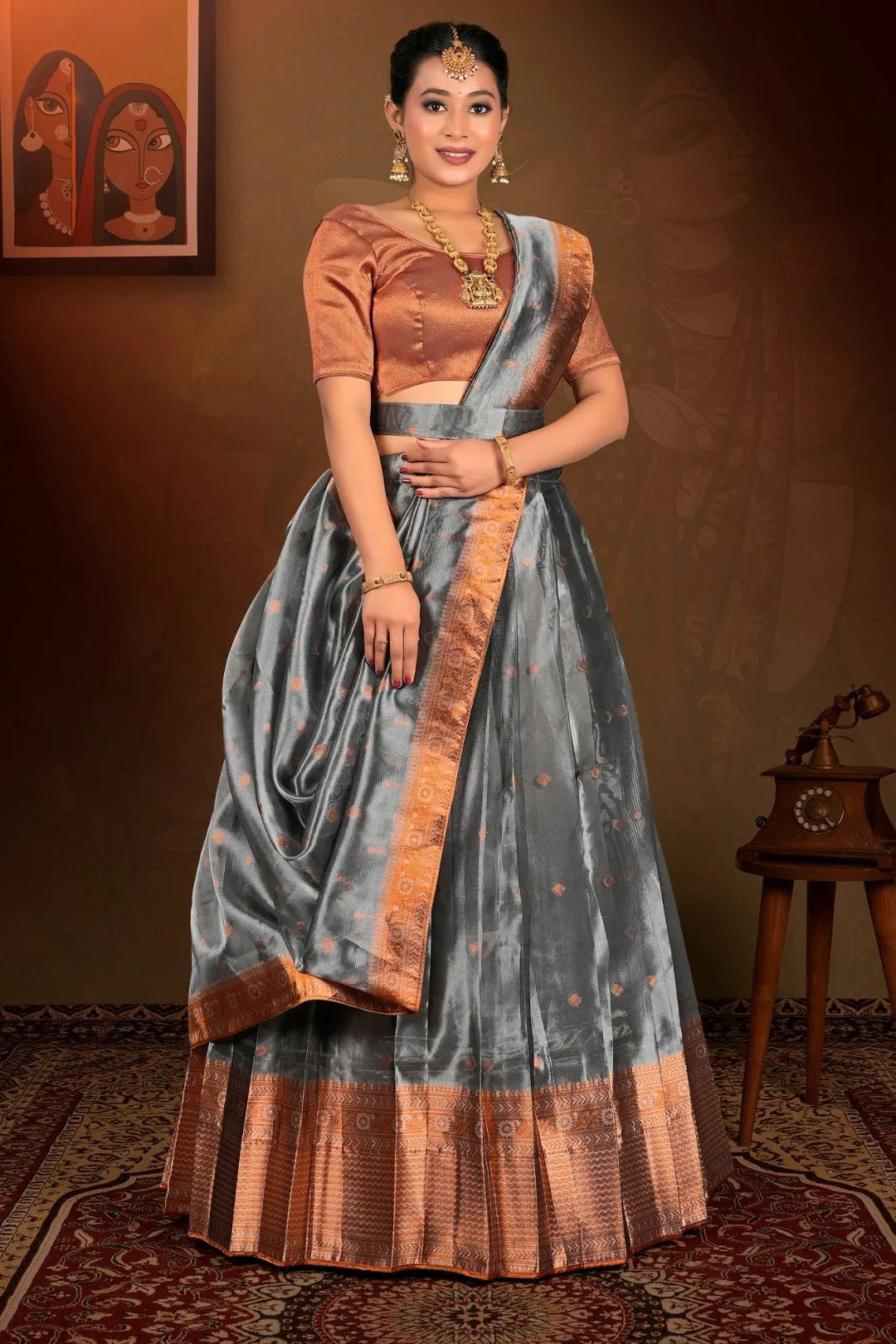 Gray Tissue Silk Zari Work Lehenga Choli For Women - Gajiwala