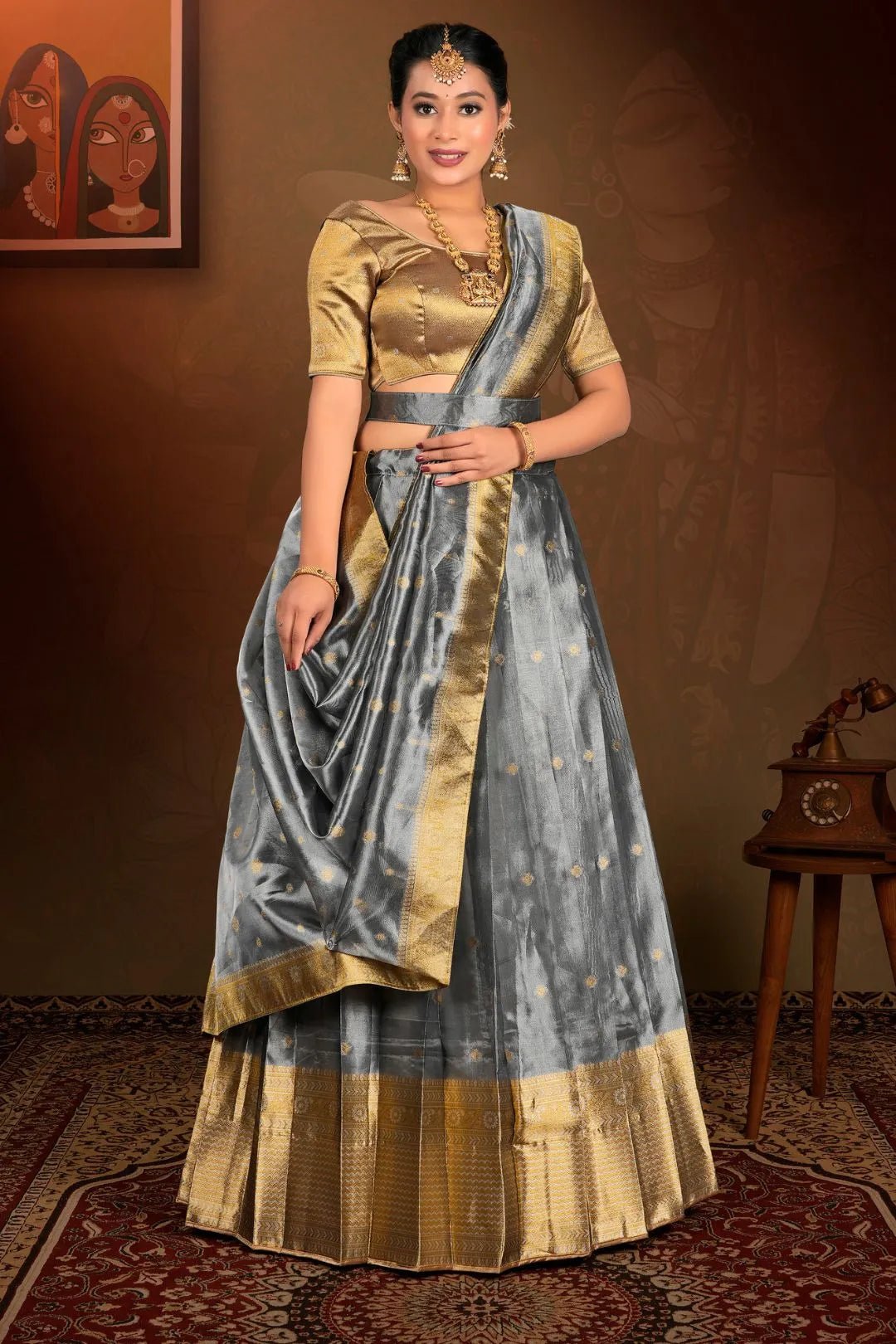 Gray Tissue Silk Zari Work Lehenga Choli For Women - Gajiwala