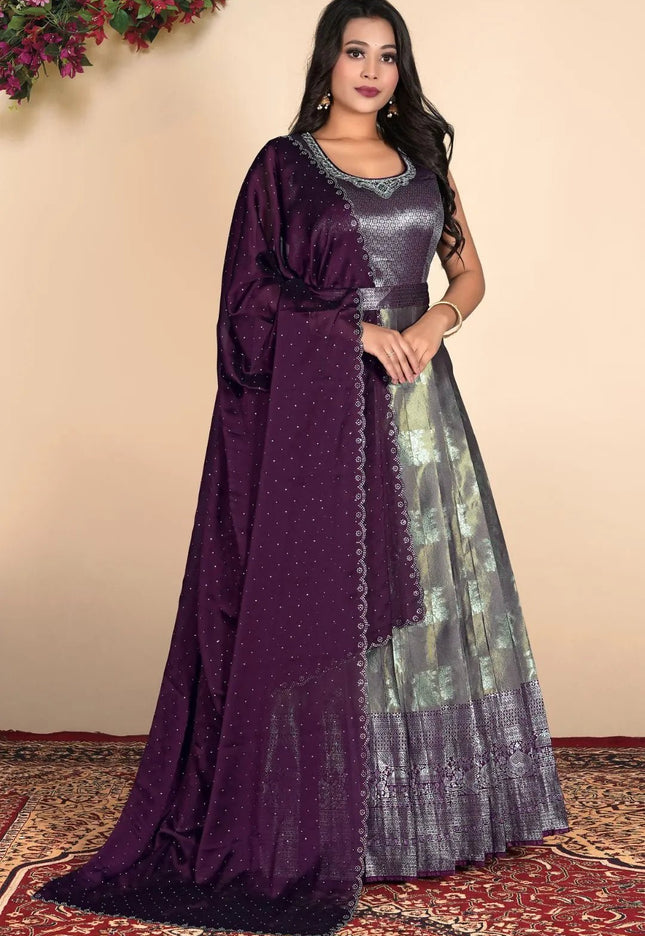 Gray Zari Silk Zari Woven Gown With Dupatta - Gajiwala