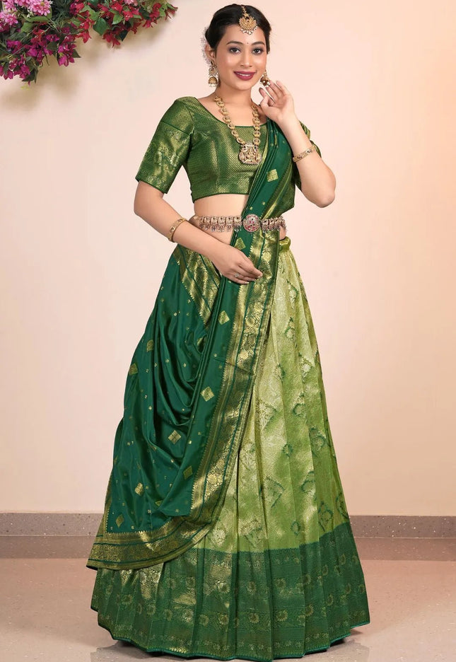 Green Banarasi Silk Half Saree With Zari Weaving - Gajiwala