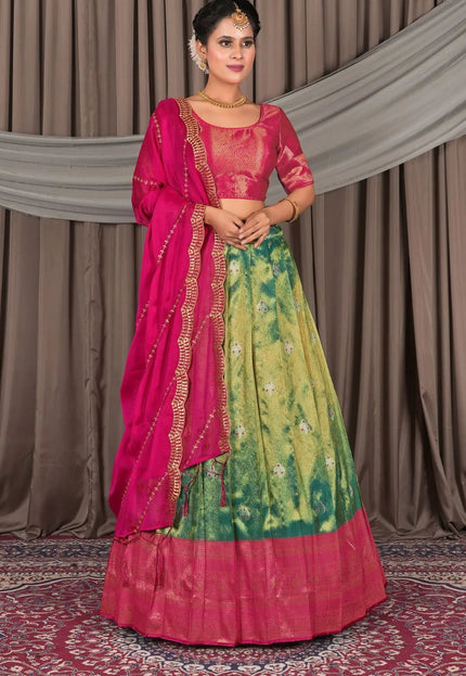 Green Banarasi Silk Lehenga Choli In Festival - Gajiwala