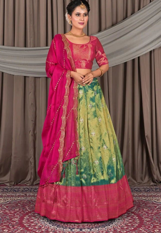 Green Banarasi Silk Lehenga Choli In Festival - Gajiwala