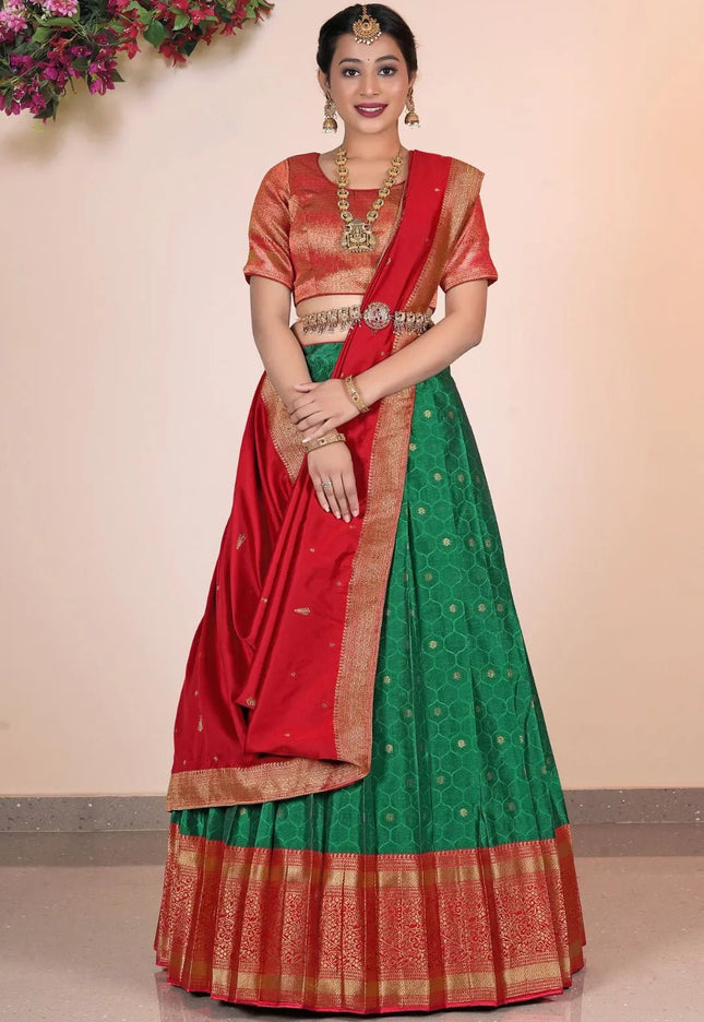 Green Banarasi Silk Pattu Pavadai For Women - Gajiwala