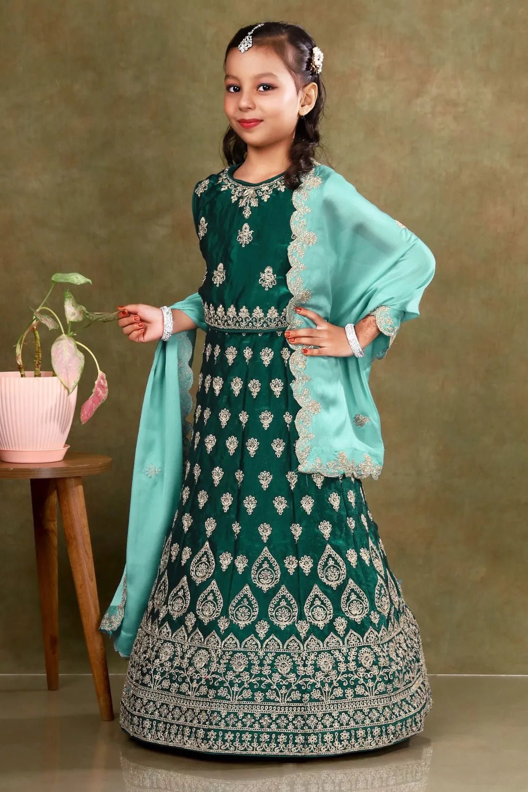 Green Colour Kids Readymade Lehenga For Girls - Gajiwala
