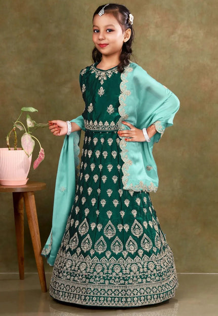 Green Colour Kids Readymade Lehenga For Girls - Gajiwala