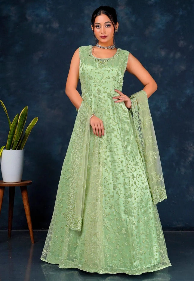 Green Colour Party Wear Net Gown For Women - Gajiwala