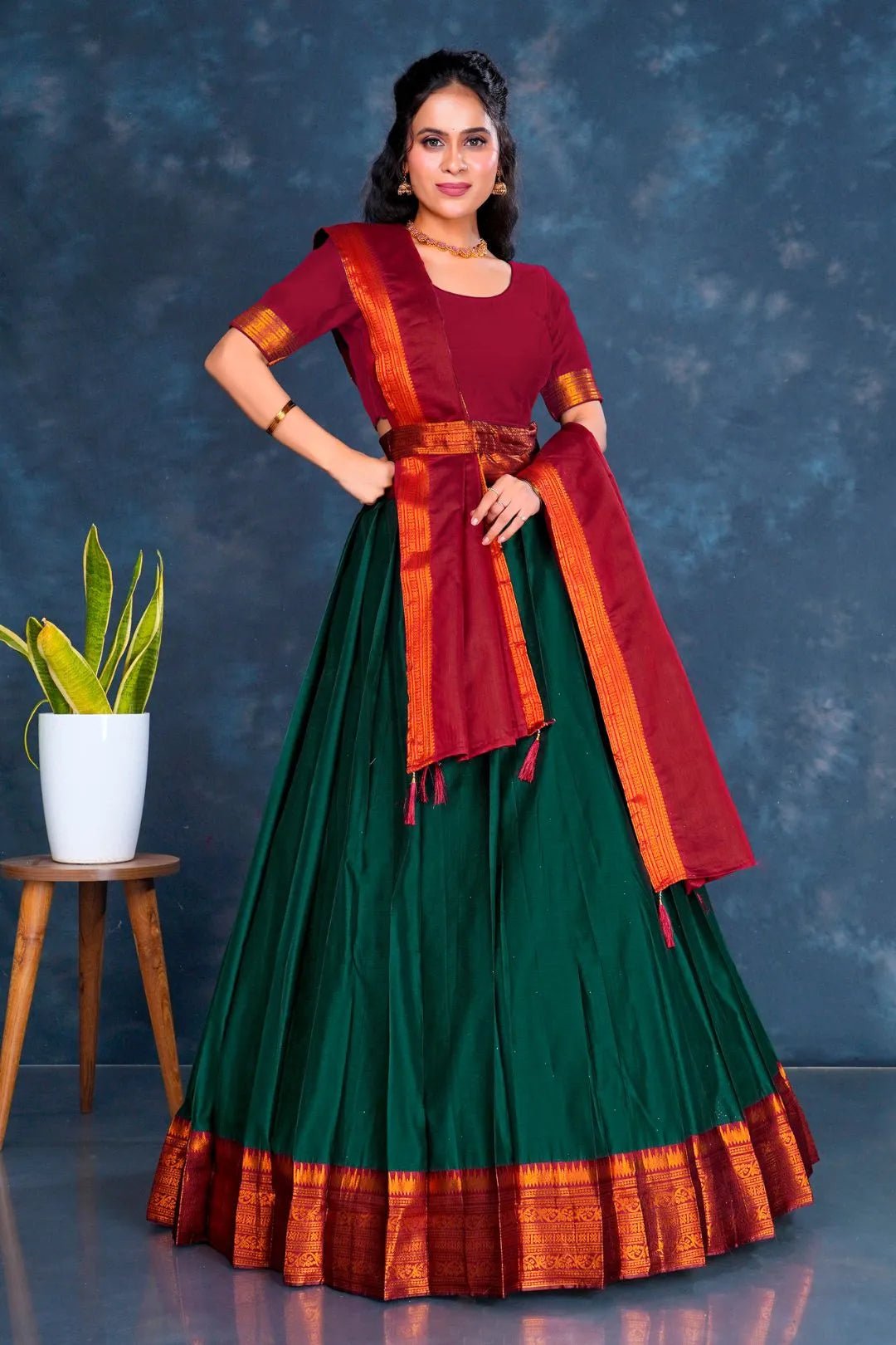 Green Cotton Silk Lehenga Choli with Zari Work - Gajiwala
