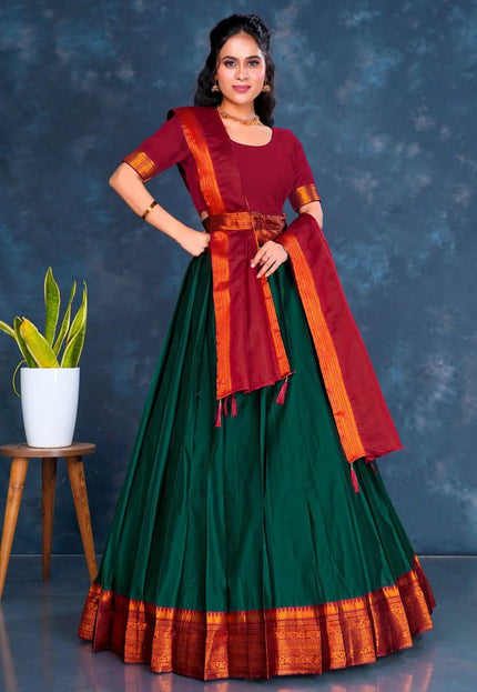 Green Cotton Silk Lehenga Choli with Zari Work - Gajiwala