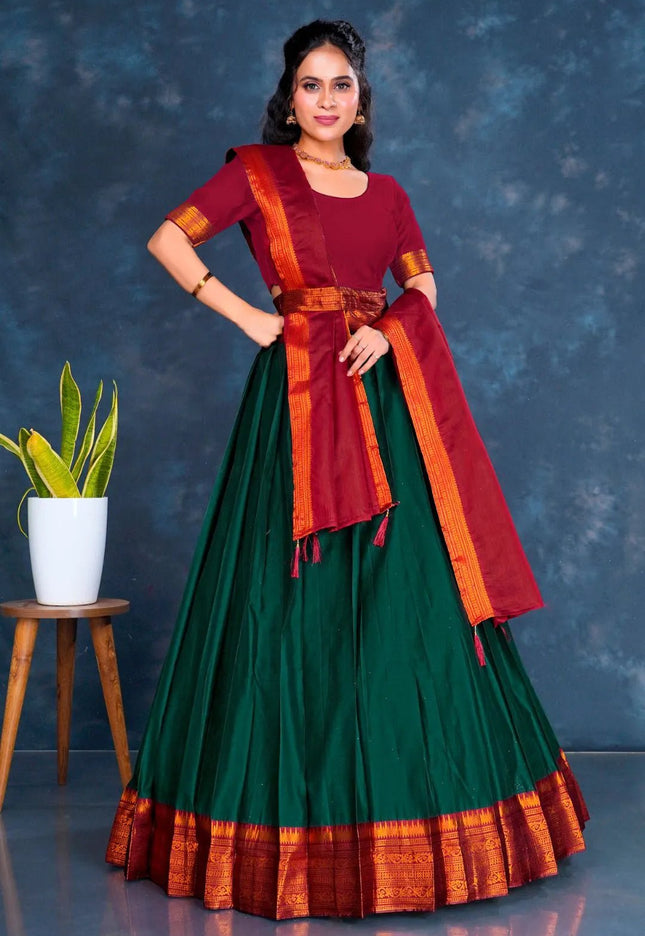Green Cotton Silk Lehenga Choli with Zari Work - Gajiwala