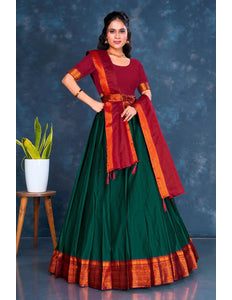 Green Cotton Silk Lehenga Choli with Zari Work - Gajiwala