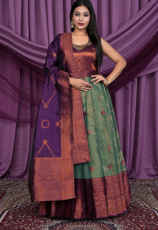 Green Designer Banarasi Gown With Dupatta - Gajiwala