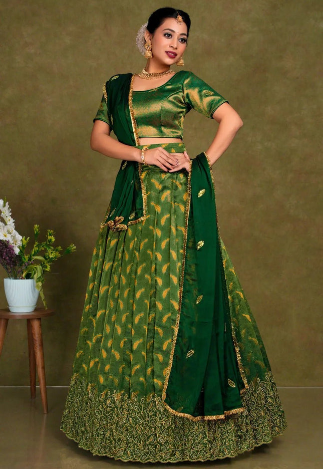 Green Designer Lehenga Choli in Tissue Silk For Women - Gajiwala