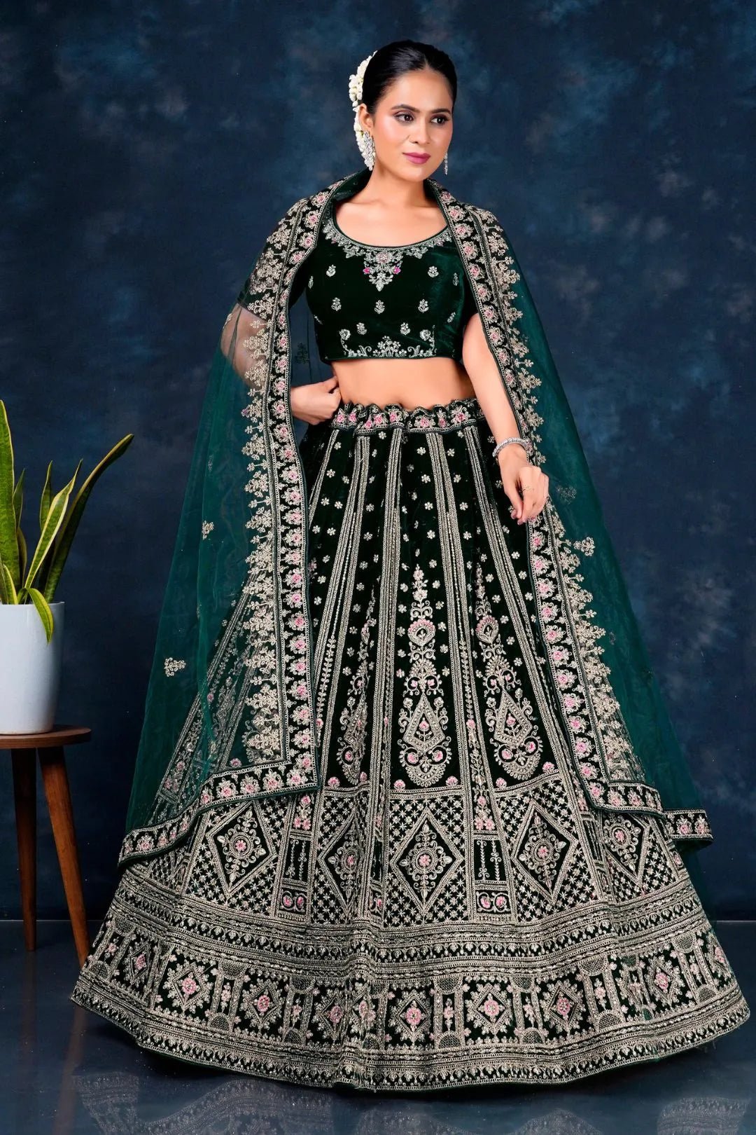 Green Designer Wedding Lehenga in Velvet - Gajiwala