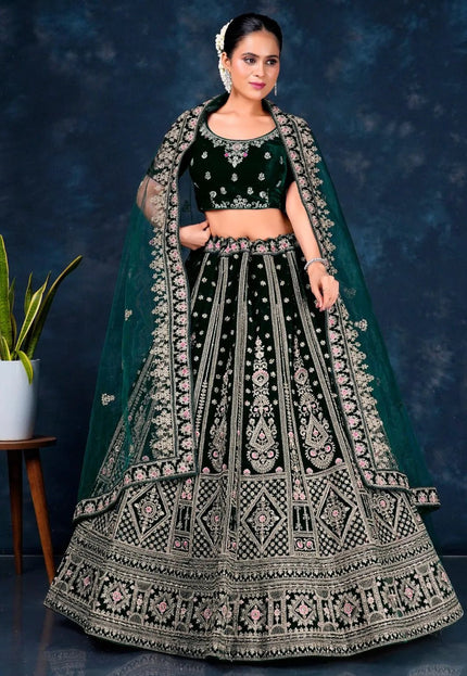 Green Designer Wedding Lehenga in Velvet - Gajiwala