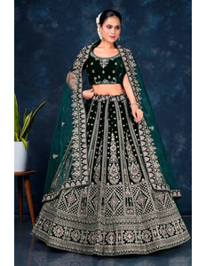 Green Designer Wedding Lehenga in Velvet - Gajiwala