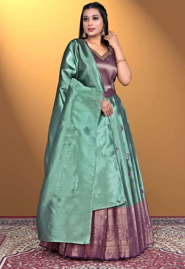 Green Designer Zari Silk Gown With Dupatta - Gajiwala