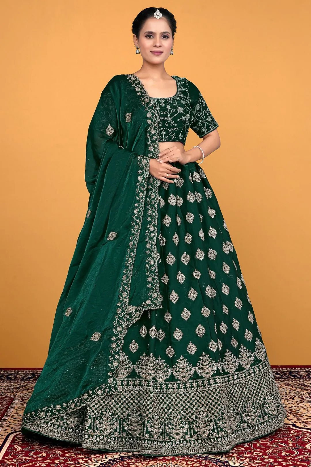Green Fendy Silk Embroidered Semi - Stitched Lehenga Choli - Gajiwala