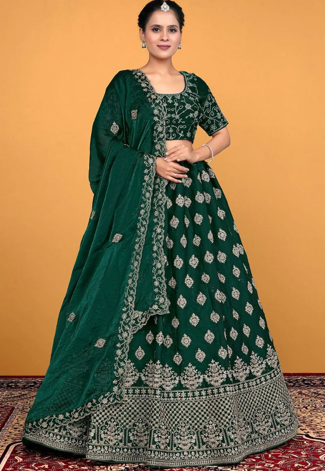 Green Fendy Silk Embroidered Semi - Stitched Lehenga Choli - Gajiwala