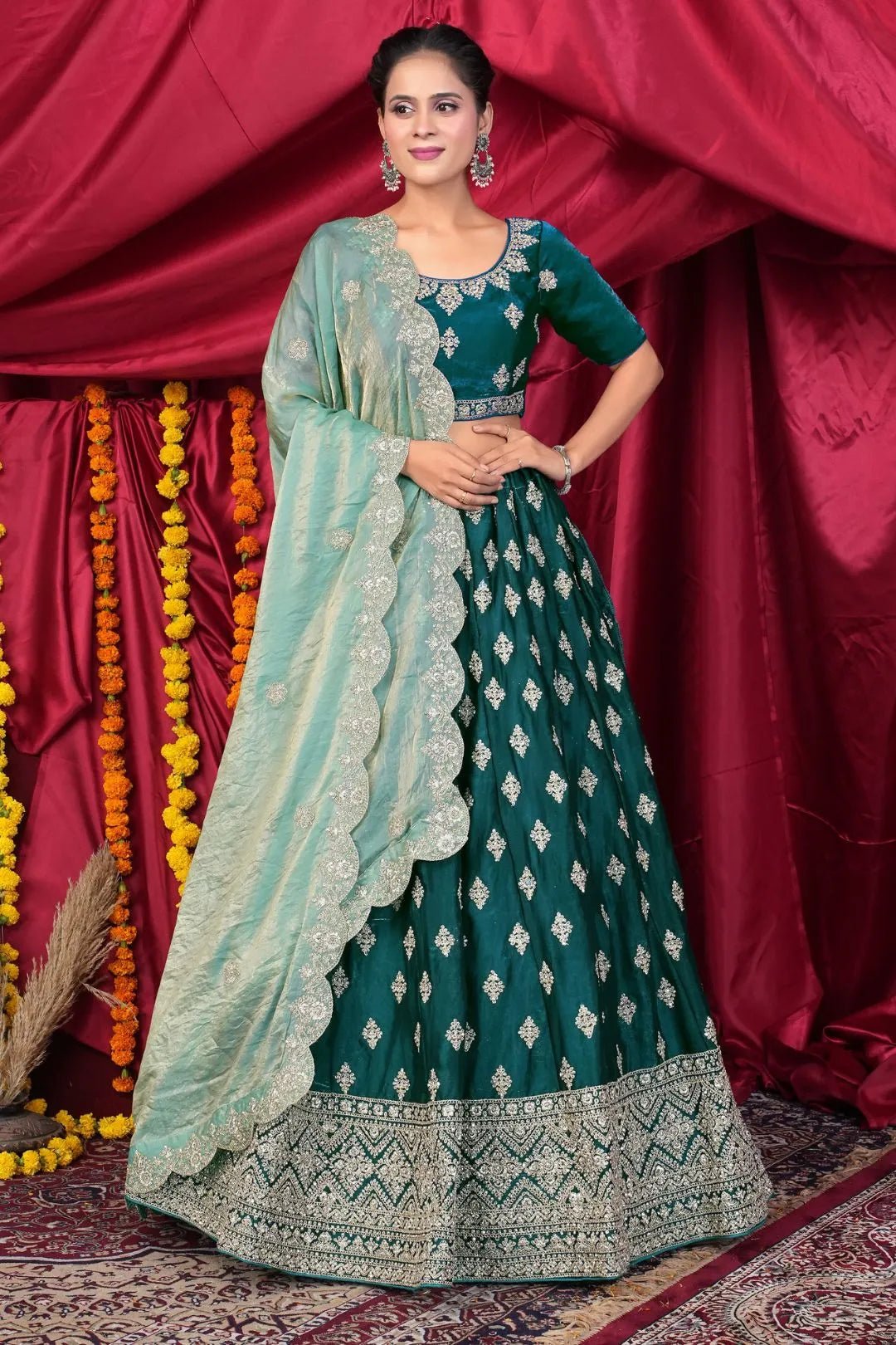 Green Fendy Silk Pattu Lehenga Choli With Embroidery Work - Gajiwala
