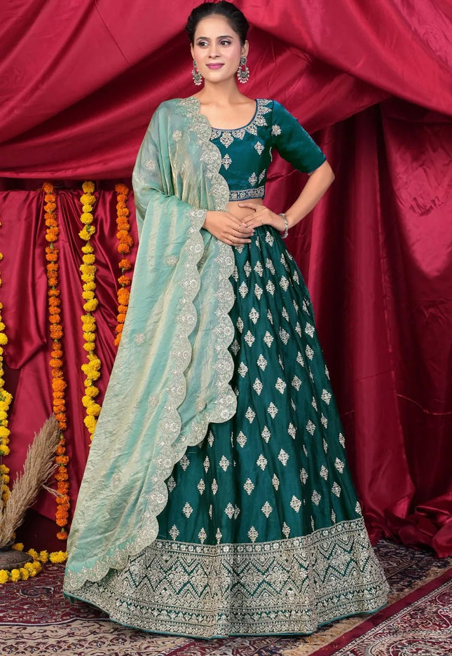 Green Fendy Silk Pattu Lehenga Choli With Embroidery Work - Gajiwala
