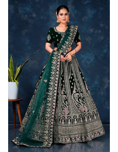 Green Heavy Embroidered Bridal Lehenga in Velvet - Gajiwala