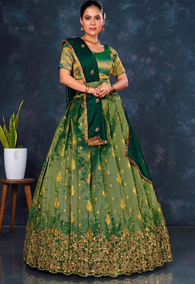 Green Latest Banarasi Lehenga Choli With Zari Woven - Gajiwala