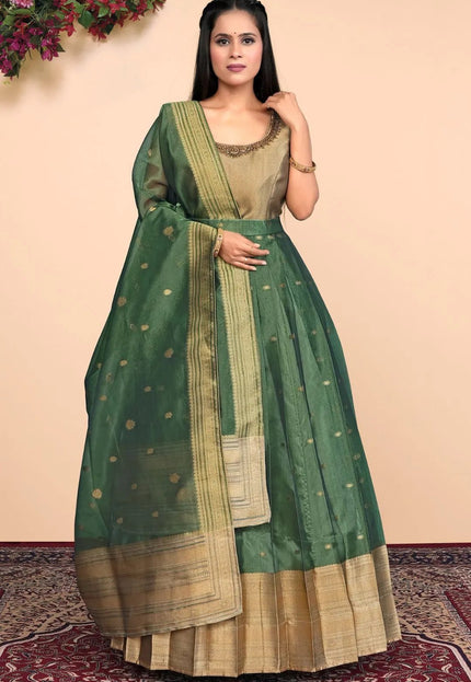 Green Latest Tissue Silk Gown with Zari Work - Gajiwala