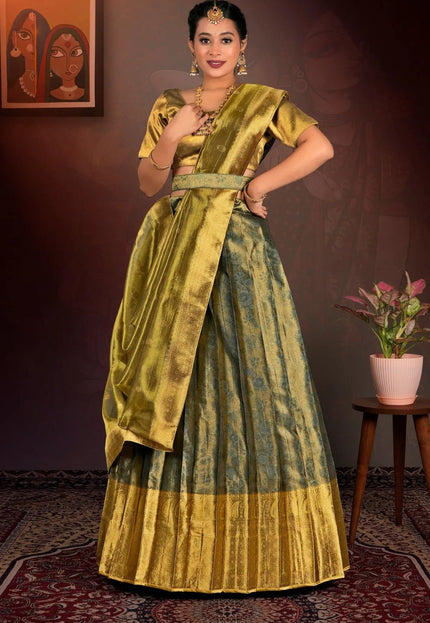 Green Pure Two Tone Zari Tissue Lehenga Choli with Zari Work - Gajiwala