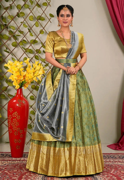 Green Pure Two Tone Zari Tissue Pattu Lehenga Choli - Gajiwala