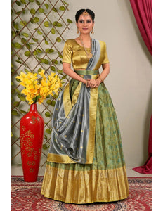 Green Pure Two Tone Zari Tissue Pattu Lehenga Choli - Gajiwala
