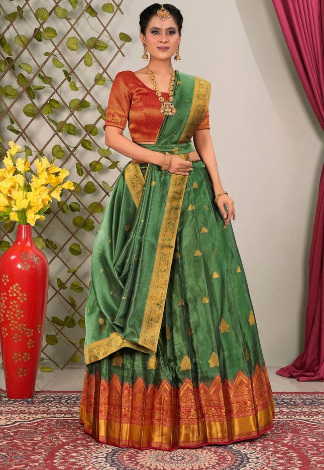 Green Tissue Silk Lehenga Choli with Dupatta For Women - Gajiwala