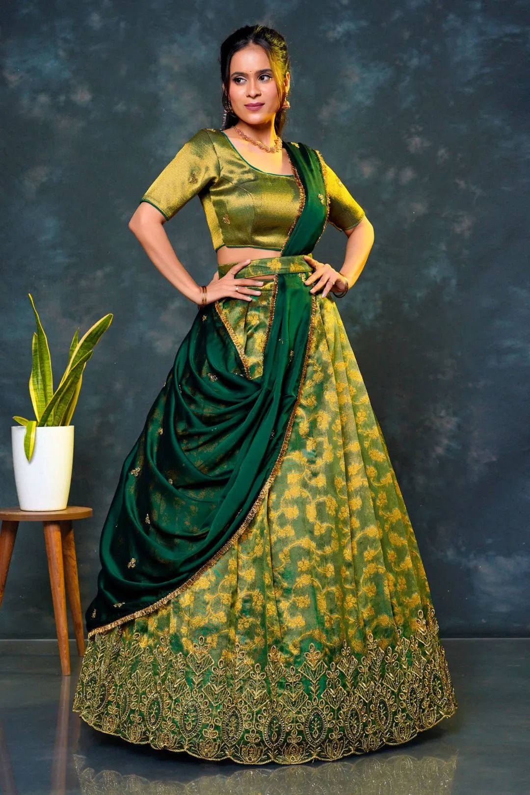 Green Tissue Silk Lehenga Choli With Zari Woven - Gajiwala