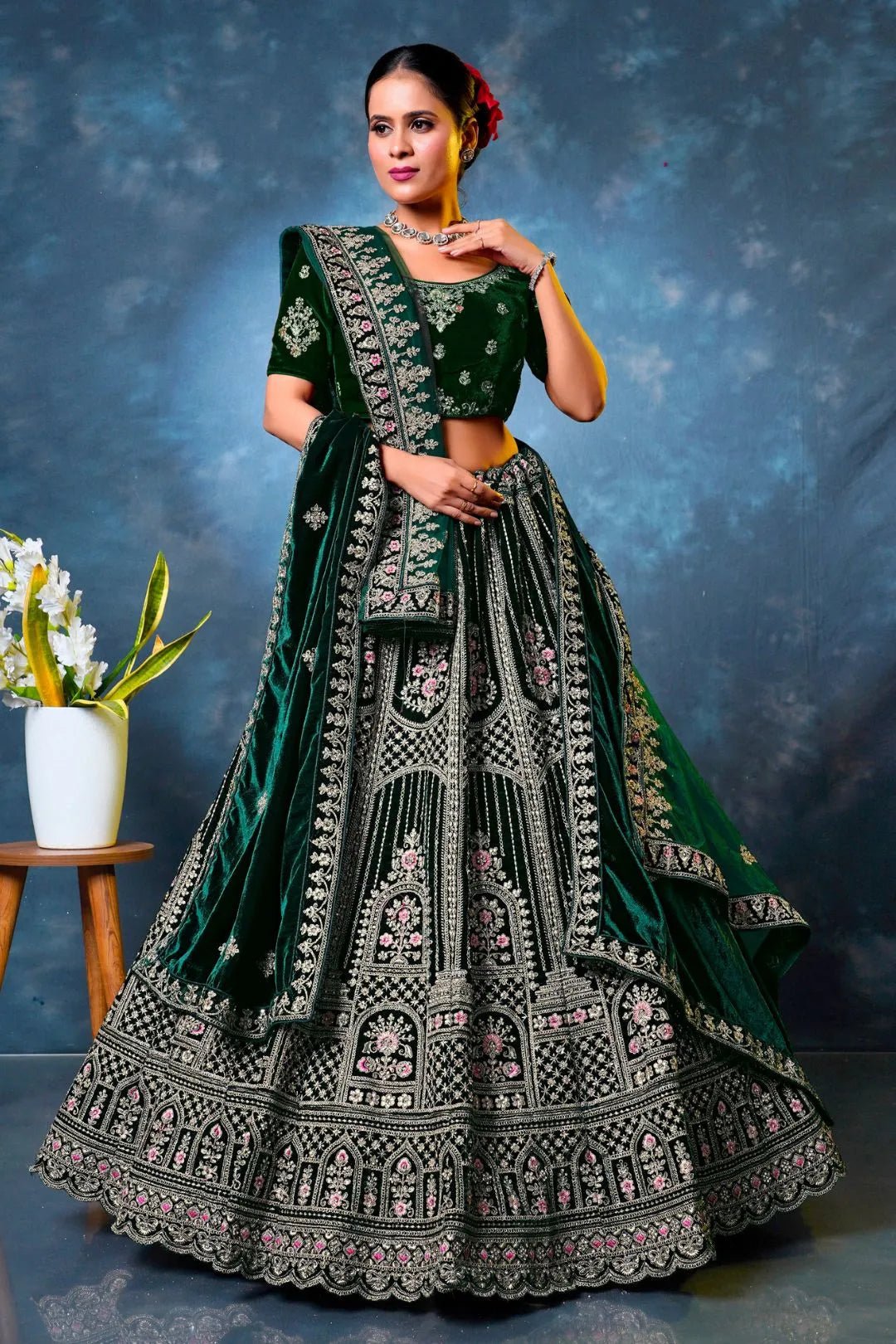 Green Velvet Designer Bridal Lehenga Choli with Double Dupatta