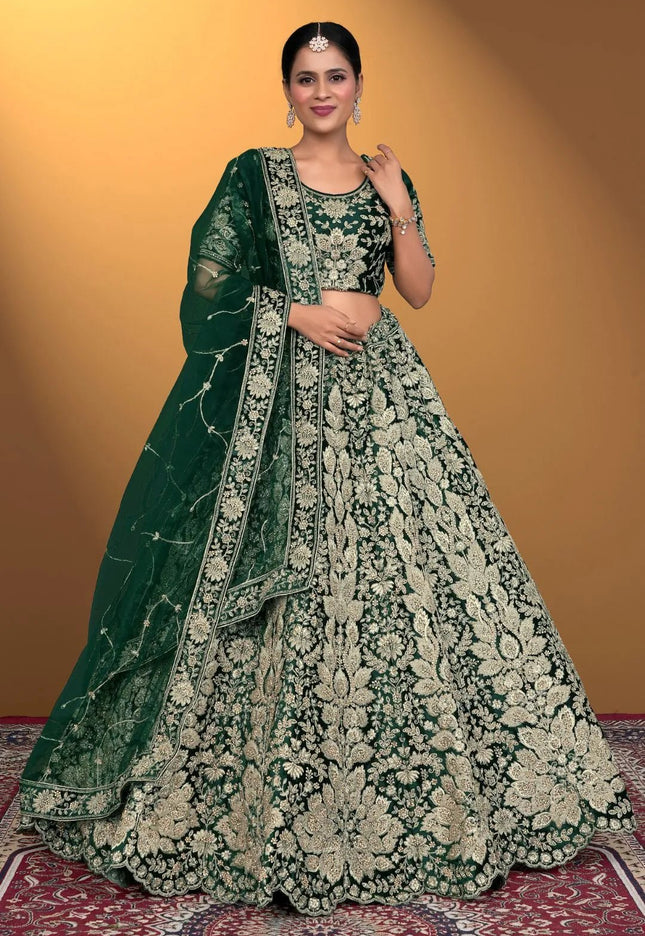 Green Velvet Lehenga Choli With Net Dupatta For Women - Gajiwala