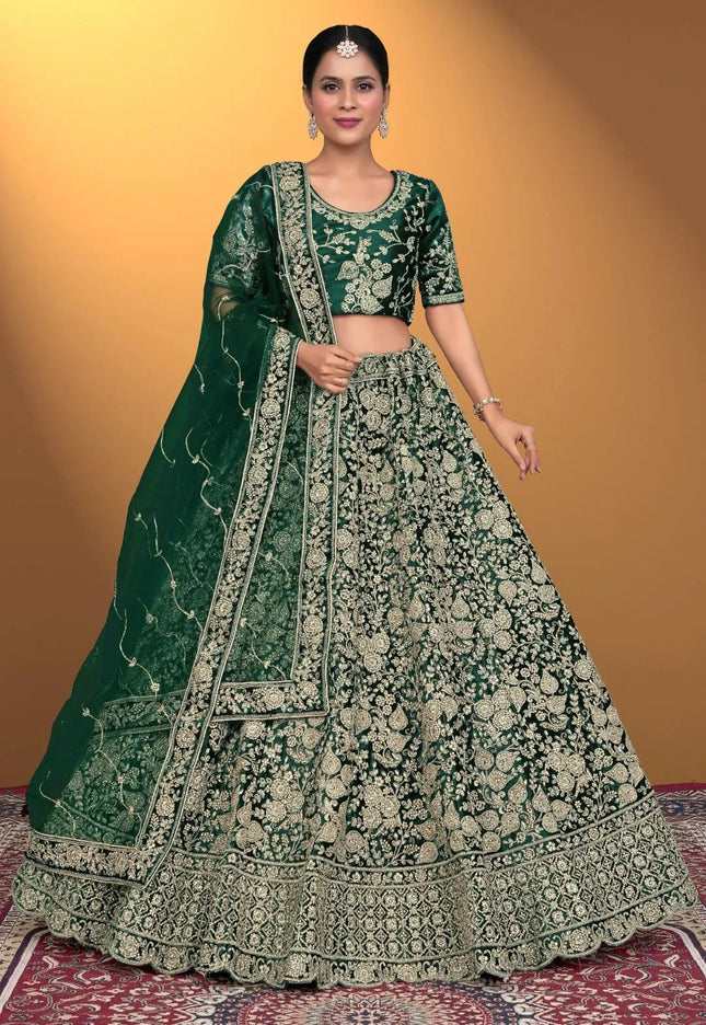 Green Velvet Lehenga Choli With Net Dupatta For Women - Gajiwala