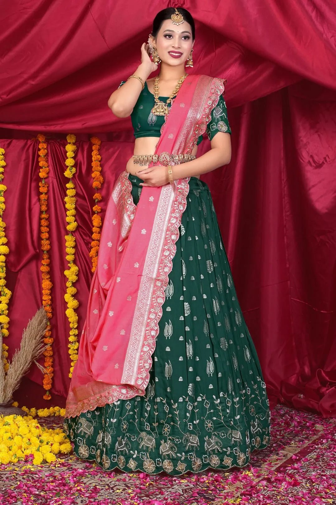 Green Viscose Jacquard Pattu Lehenga Choli With Zari Work - Gajiwala