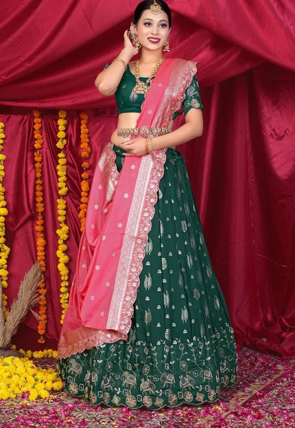 Green Viscose Jacquard Pattu Lehenga Choli With Zari Work - Gajiwala