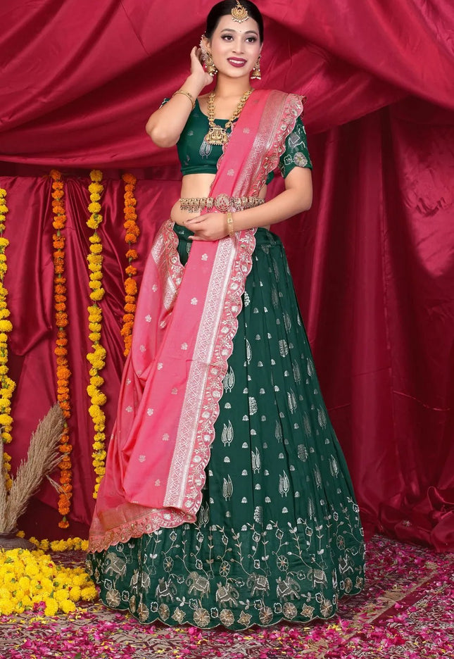 Green Viscose Jacquard Pattu Lehenga Choli With Zari Work - Gajiwala