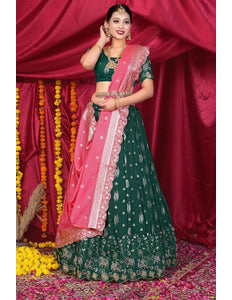 Green Viscose Jacquard Pattu Lehenga Choli With Zari Work - Gajiwala
