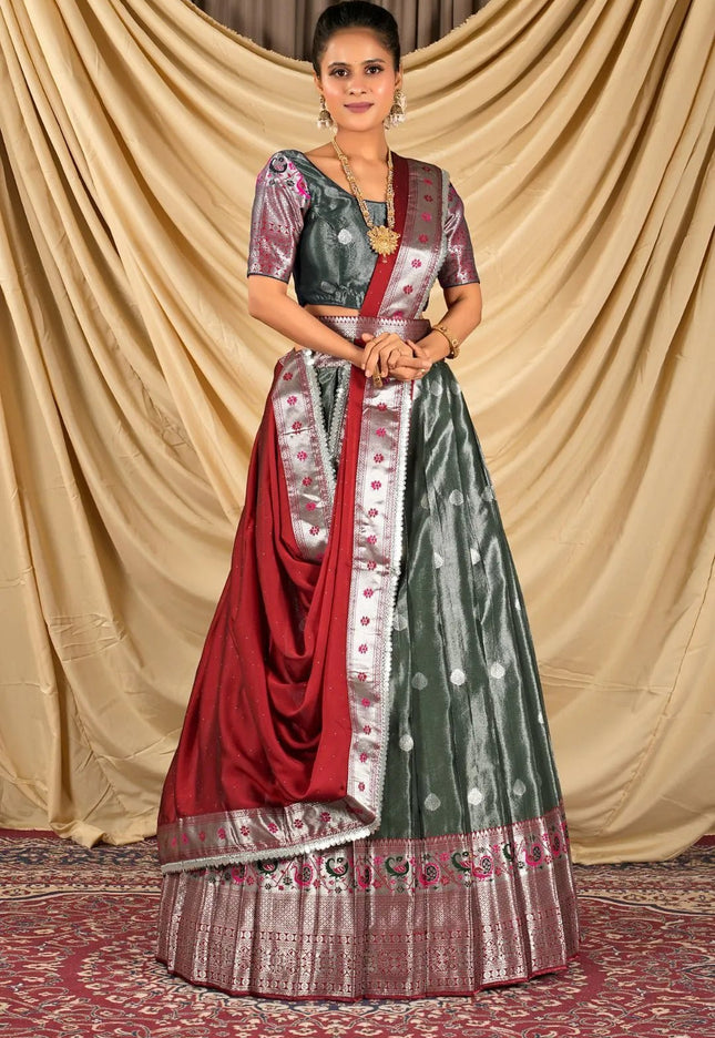 Green Zari Banarasi Silk Half Saree For Women - Gajiwala