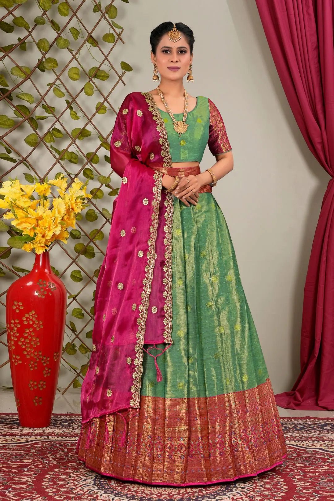 Green Zari Silk Semi - Stitched Lehenga For Women - Gajiwala