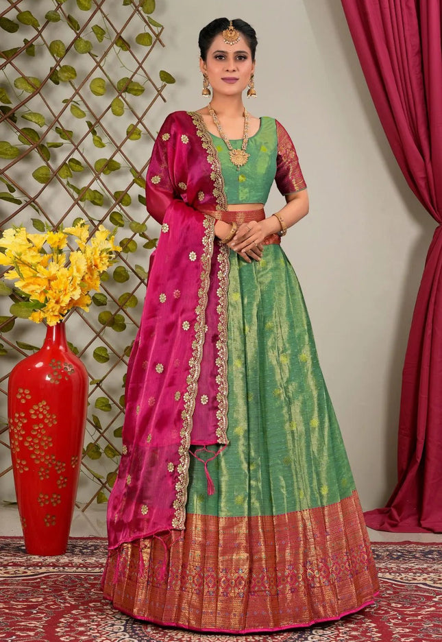 Green Zari Silk Semi - Stitched Lehenga For Women - Gajiwala