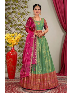 Green Zari Silk Semi - Stitched Lehenga For Women - Gajiwala